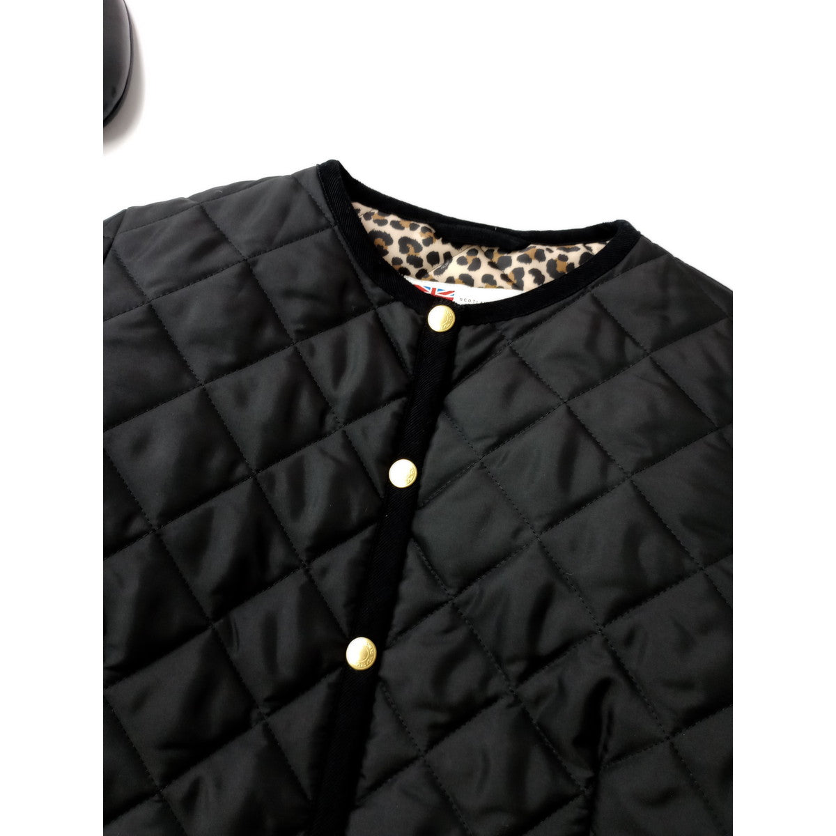 Traditional Weatherwear トラディショナルウェザーウェア ARKLEY EX.SLOBE レオパード キルティング ノーカラー 中綿 ジャケット 黒 ブラック 38 (6M＋0859)【中古】