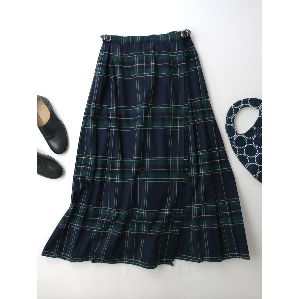 O'NEIL OF DUBLIN オニールオブダブリン ウール プリーツ チェック ロング 巻き スカート キルト グリーン US10  (6M＋0853)【中古】