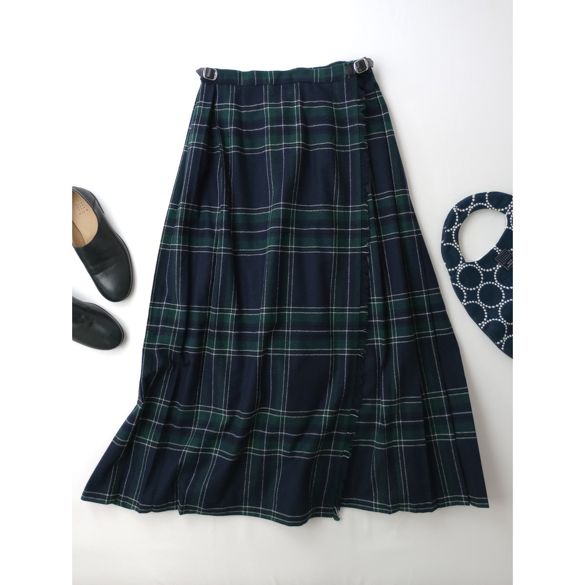 O'NEIL OF DUBLIN オニールオブダブリン ウール プリーツ チェック ロング 巻き スカート キルト グリーン US10  (6M＋0853)【中古】