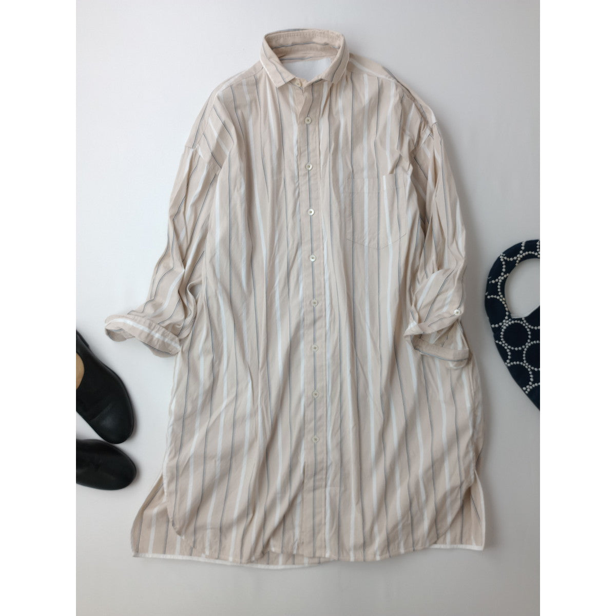 TICCA ティッカ コットン ナイロン ストライプ ロング シャツ ワンピース ライトベージュ F【中古】