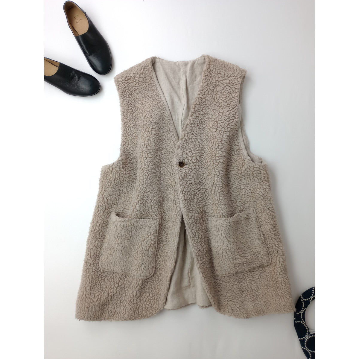nest Robe ネストローブ  wool boa reversible vest ウール ボア リバーシブル ロング ベスト ベージュ (13M＋0851) 【中古】