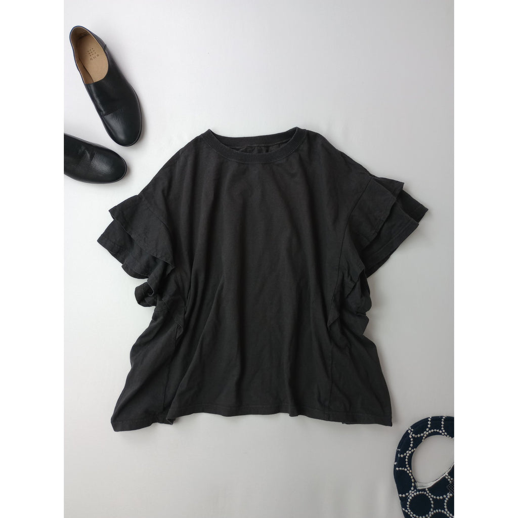 nest Robe ネストローブ 【UpcycleLino】天然染め天竺ラッフルTee フリル 半袖 Tシャツ カットソー トップス  墨黒 【中古】