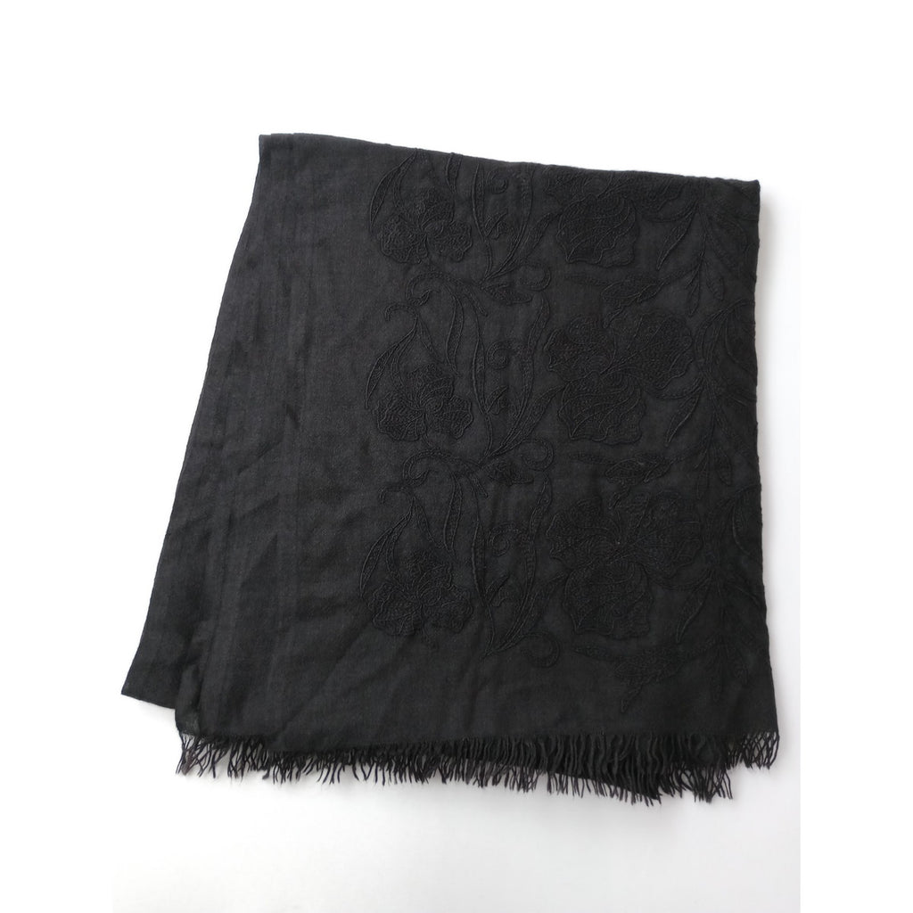 Cruciani クルチアーニ カシミヤ シルク 大判ストール 刺繍  ボタニカル 黒 ブラック  【中古】