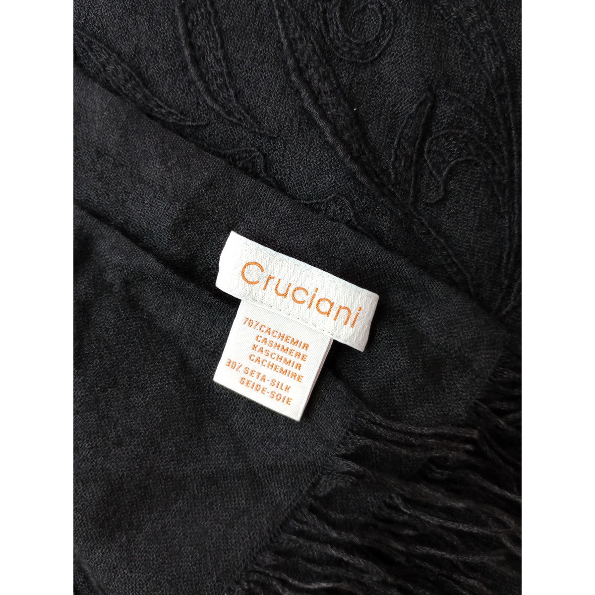 Cruciani クルチアーニ カシミヤ シルク 大判ストール 刺繍  ボタニカル 黒 ブラック  【中古】