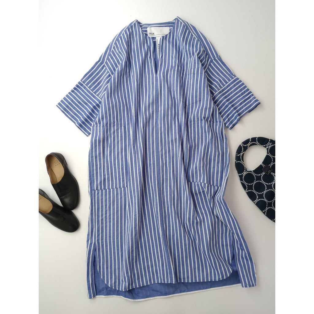 TICCA  ティッカ  キーネック 半袖 ワンピース  ストライプ  ブルー 【中古】
