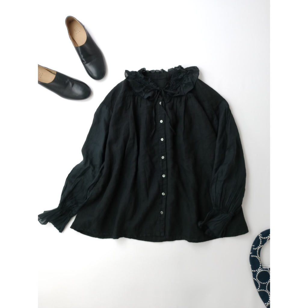 nest Robe  ネストローブ  リネン ラミー フリルカラー ブラウス  切替 シャツ トップス  黒 ブラック 【中古】