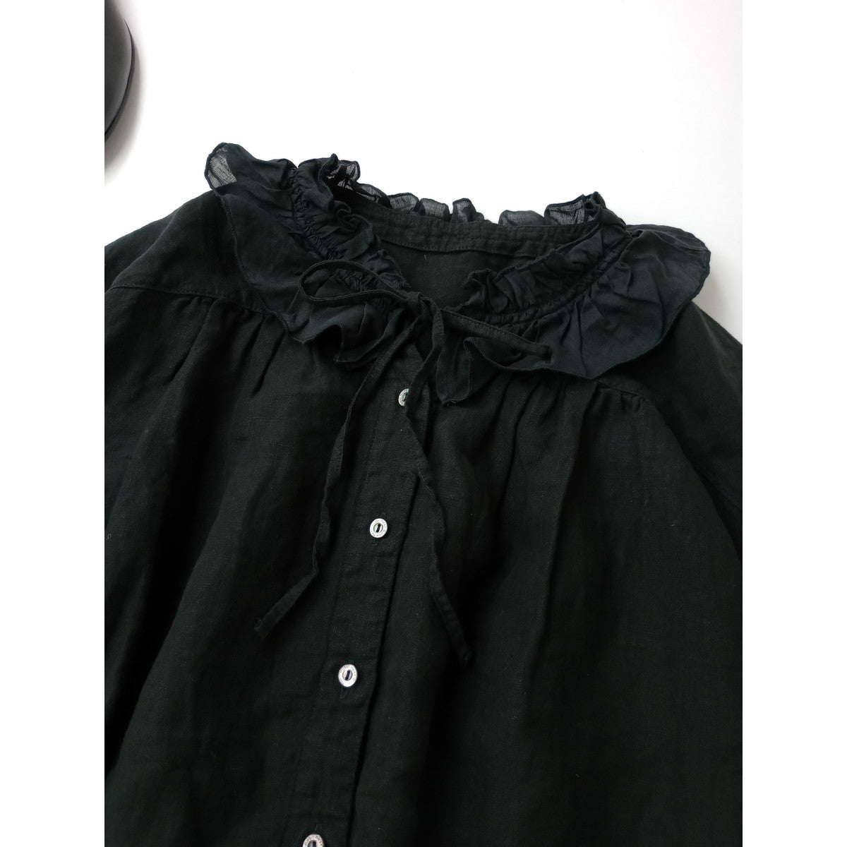 nest Robe  ネストローブ  リネン ラミー フリルカラー ブラウス  切替 シャツ トップス  黒 ブラック 【中古】