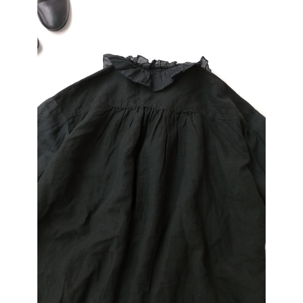 nest Robe  ネストローブ  リネン ラミー フリルカラー ブラウス  切替 シャツ トップス  黒 ブラック 【中古】