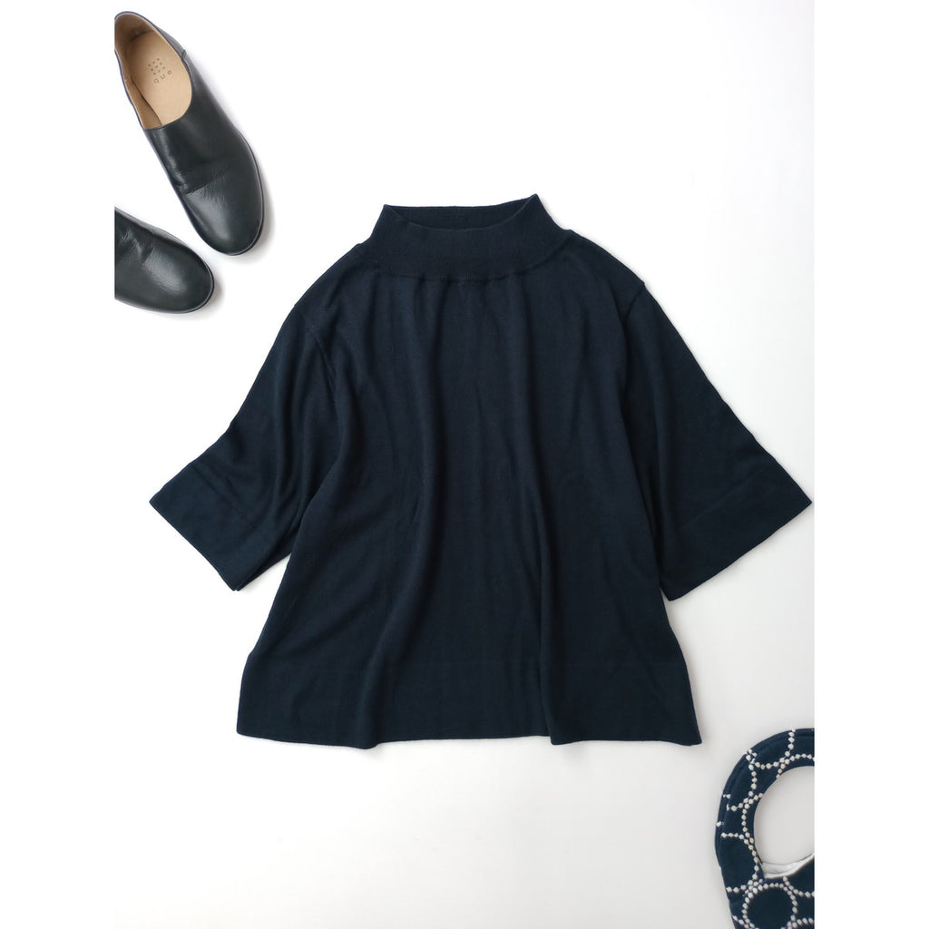 MARGARET HOWELL マーガレットハウエルTWISTED COTTON SILK  モックネック コットンシルク五分袖ニット セーター トップス ネイビー  2【中古】