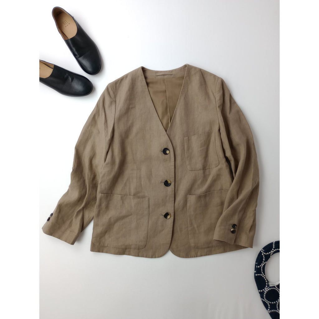 MARGARET HOWELL マーガレットハウエル  PLAIN LINEN JACKET リネン 麻 100％ ノーカラー ジャケット ベージュ 2  【中古】