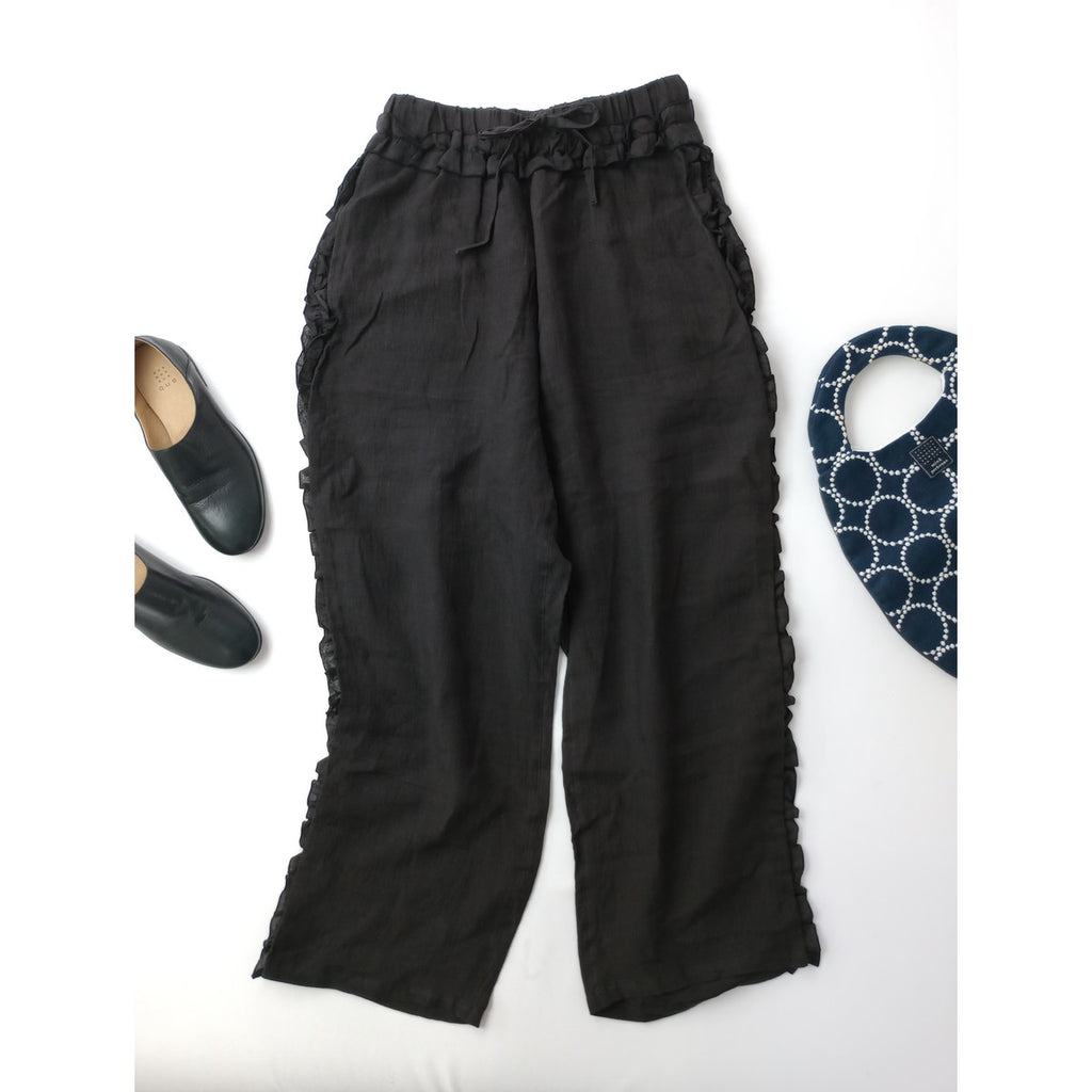SOWA   ソーワ フリル ワイド パンツ リネン 麻 100％ 黒 ブラック 【中古】