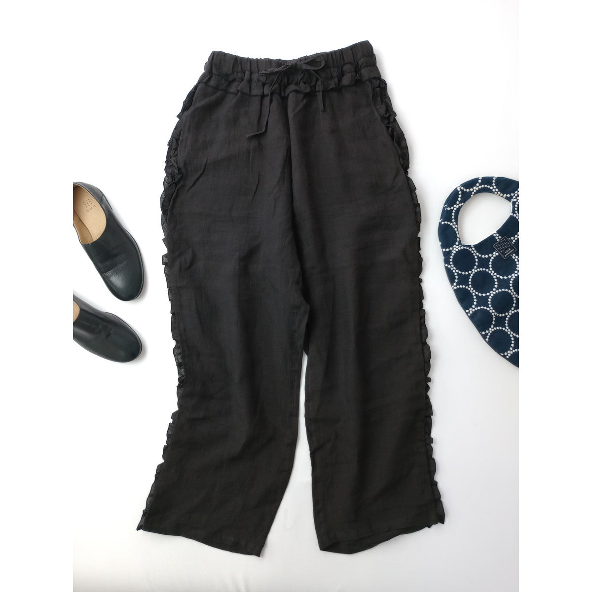 SOWA   ソーワ フリル ワイド パンツ リネン 麻 100％ 黒 ブラック 【中古】