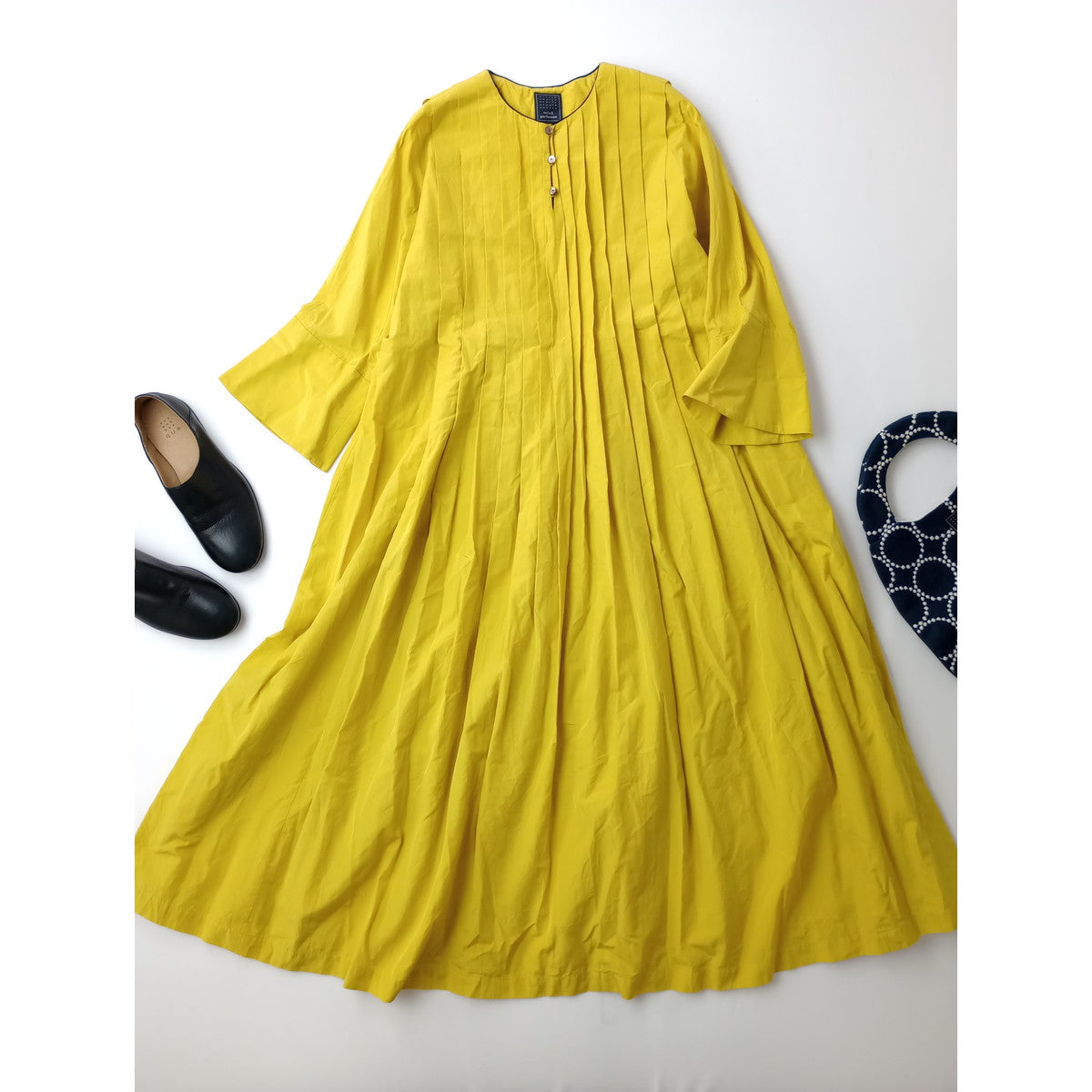 mina perhonen ミナペルホネン muisti フレアスリーブワンピース シルク コットン イエロー 黄色 38  【中古】