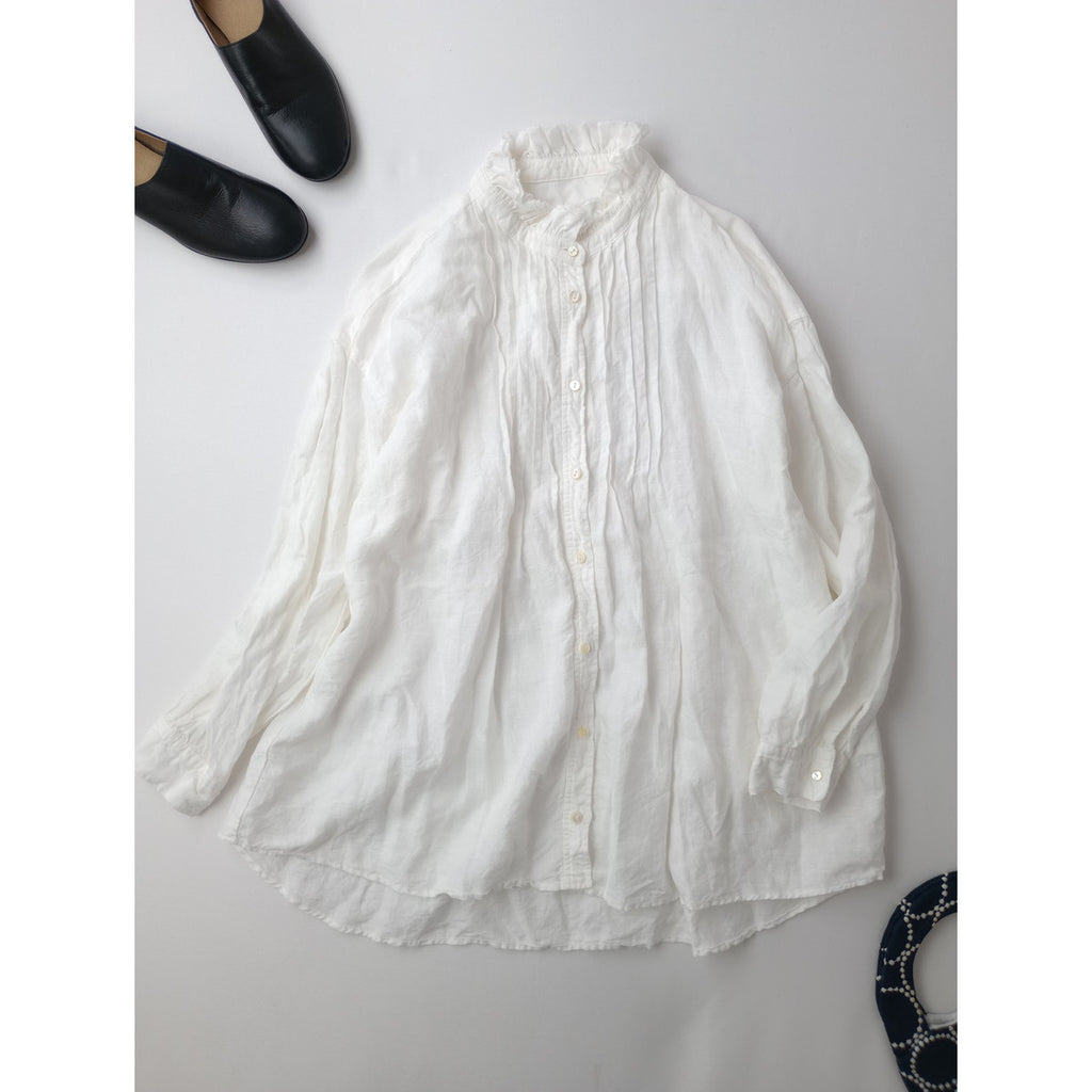 nest Robe ネストローブ リネンフリルカラーピンタックブラウス シャツ トップス  白 ホワイト F【中古】