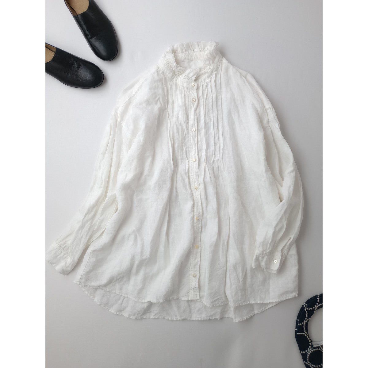 nest Robe ネストローブ リネンフリルカラーピンタックブラウス シャツ トップス  白 ホワイト F【中古】