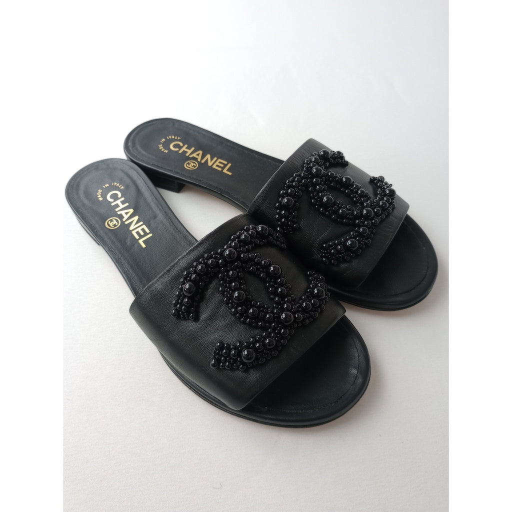 CHANEL シャネル CCココマーク ビーズ装飾 フラットサンダル SAMPLE品 黒 ブラック  38【中古】