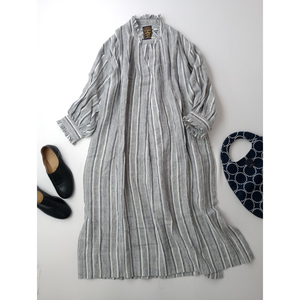 Cloth＆Cross クロスアンドクロス 雅姫 ストライプ フリル スタンドシャツワンピース ロング ブルー 白 【中古】