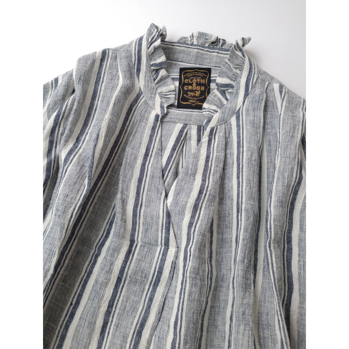 Cloth＆Cross クロスアンドクロス 雅姫 ストライプ フリル スタンドシャツワンピース ロング ブルー 白 【中古】