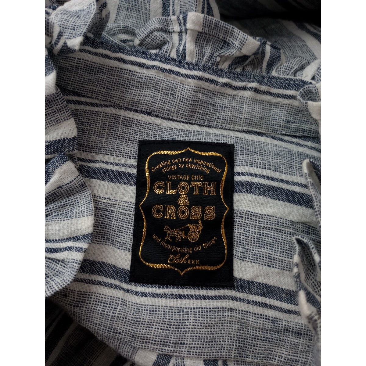 Cloth＆Cross クロスアンドクロス 雅姫 ストライプ フリル スタンドシャツワンピース ロング ブルー 白 【中古】