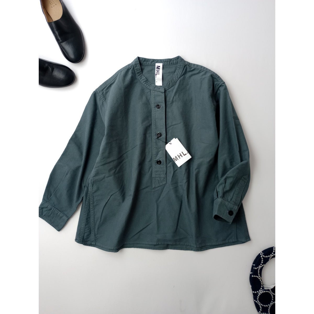 MHL エムエイチエル マーガレットハウエル SOFT HOPSACK P/O SHIRT コットン 綿 100％ プルオーバー シャツ トップス  くすみブルー 【中古】