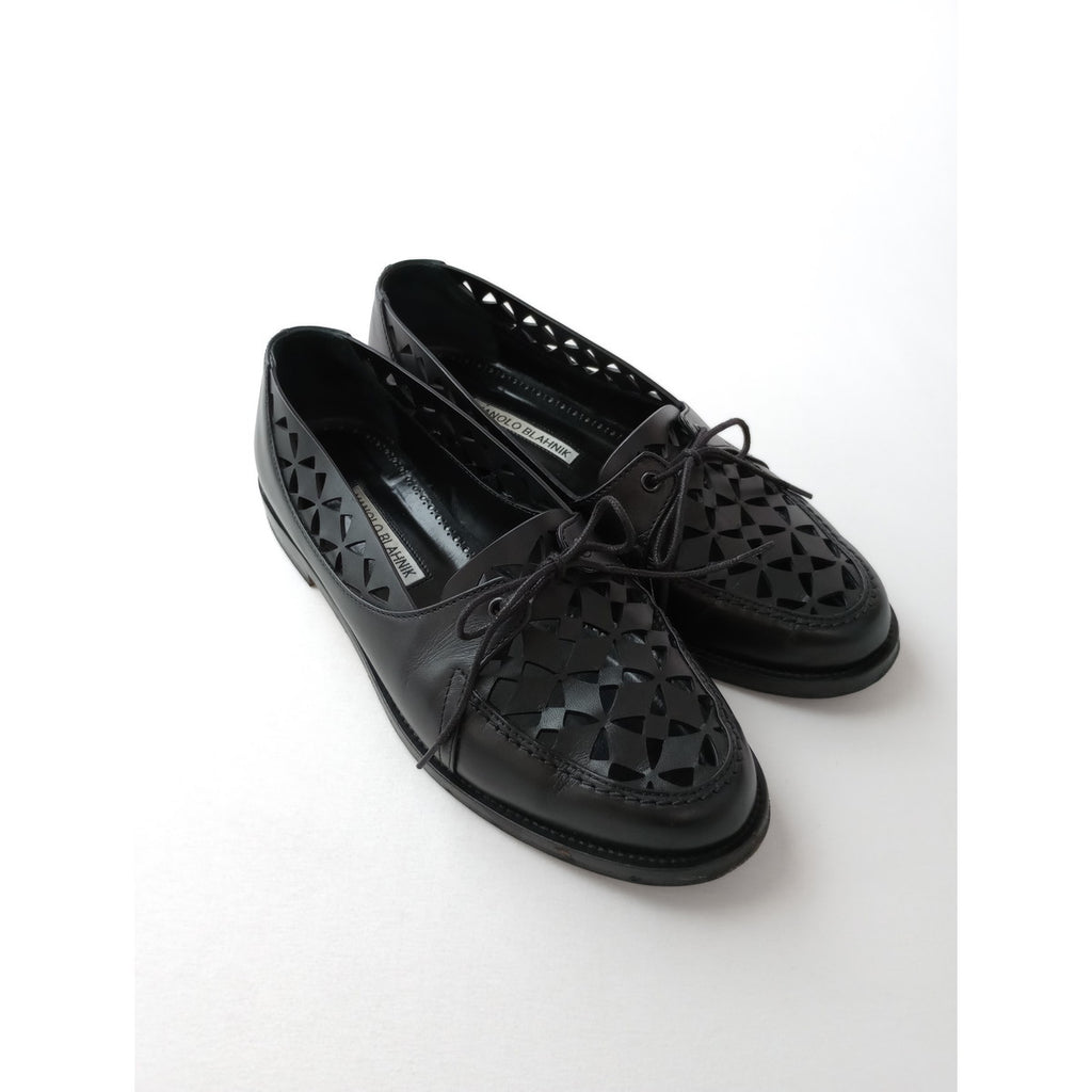 MANOLO BLAHNIK  マノロ ブラニク  カットワーク レザー ローファー 靴  シューズ 靴 37 黒 ブラック 【中古】