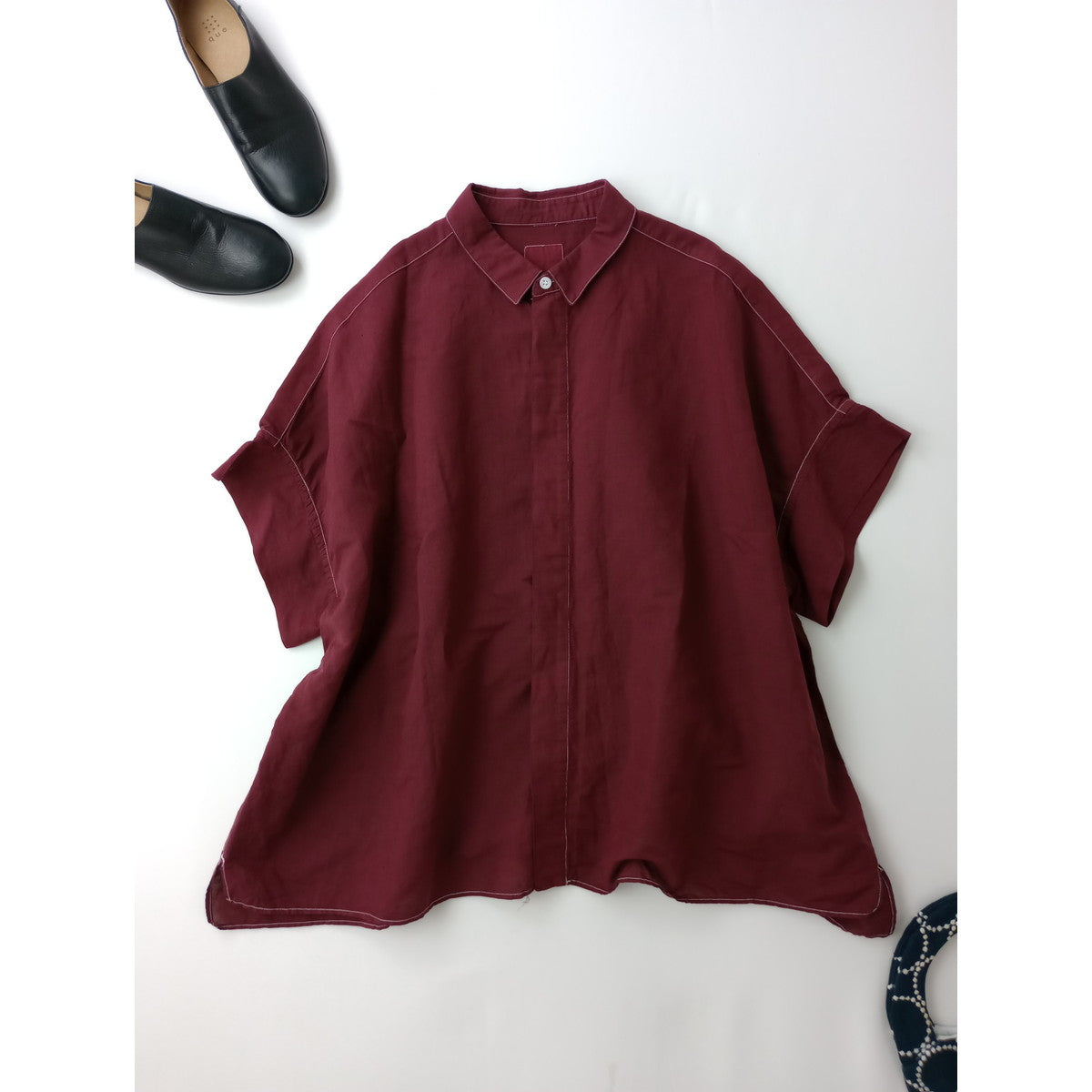 〈染〉 TOUJOURS トゥジュー  ワイド シャツトップス ブルゴーニュ  【中古】