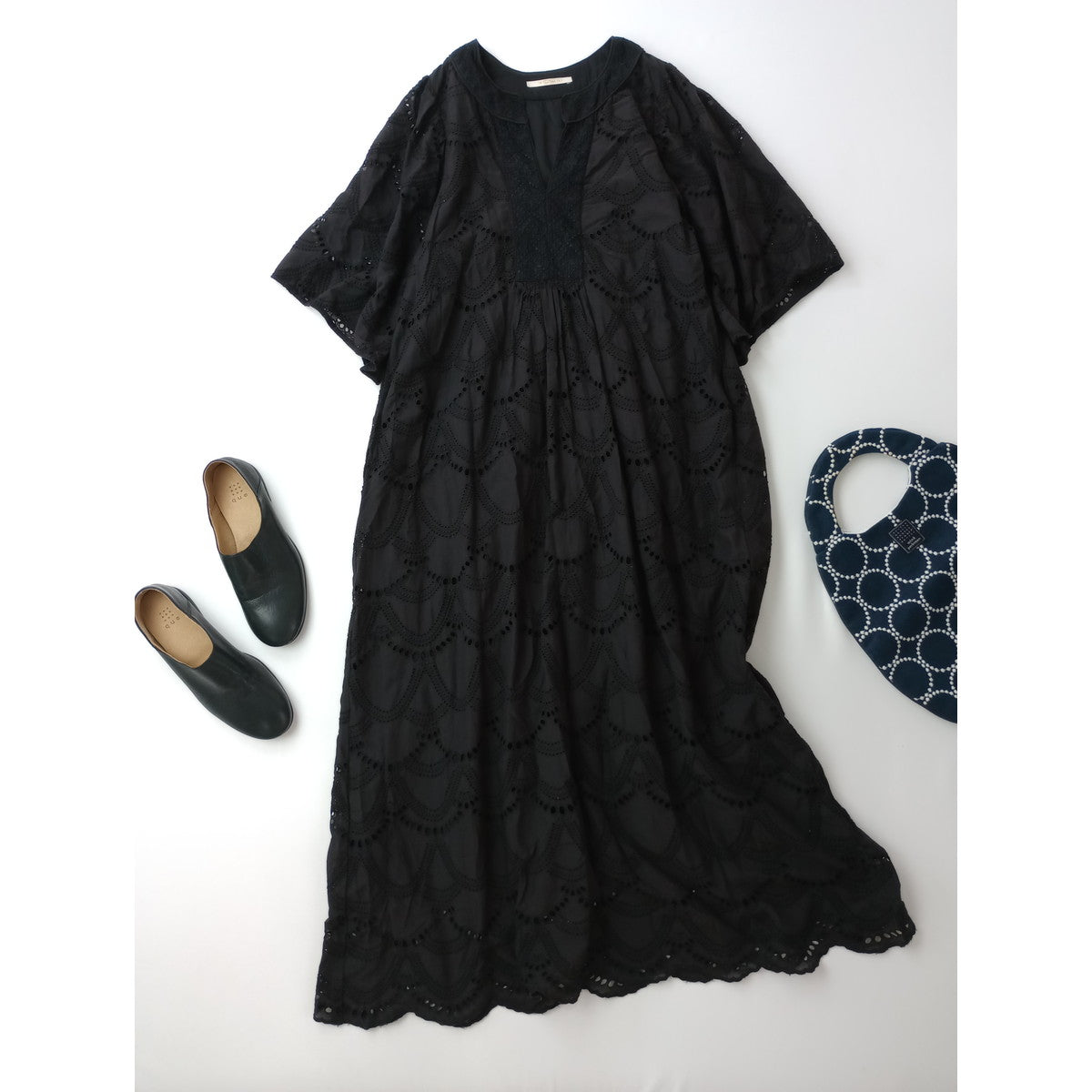 ne Quittez pas ヌキテパ Cotton Voile Dot Hemla Dress コットン 綿 100％  刺繍 ロングワンピース ドレス 黒 ブラック インド製 【中古】