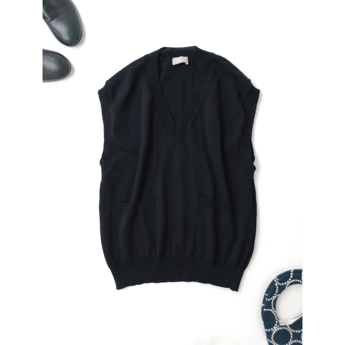 MARGARET HOWELL マーガレットハウエル POCKET SLIPOVER KNIT ウール 毛 100％ ニットベスト トップス  黒 ブラック 2【中古】