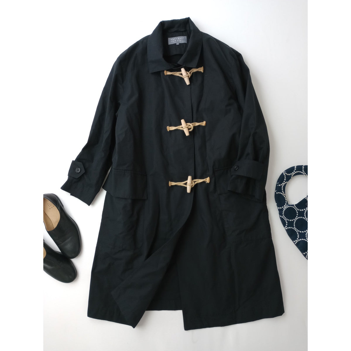MARGARET HOWELL マーガレットハウエル DENSE COTTON POPLIN ウール ナイロン ダッフル ロング コート 黒 ブラック 1 (13M＋1073) 【中古】