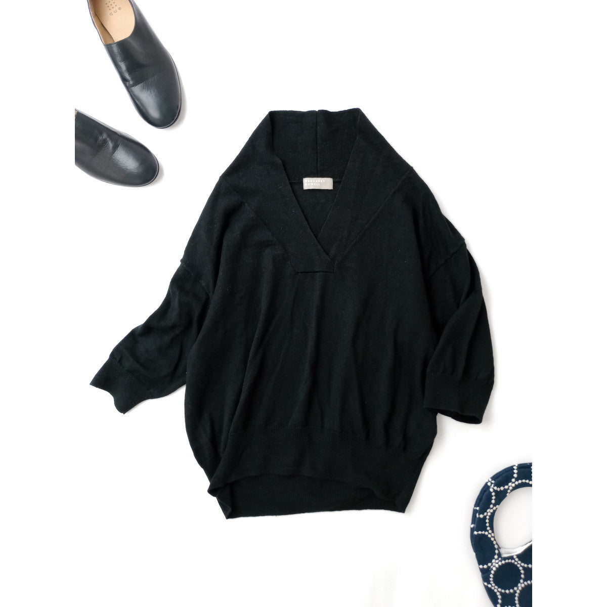 MARGARET HOWELL マーガレットハウエルCOTTON LINEN コットン リネン ショールカラー サマー ニット トップス 黒 ブラック 2  【中古】