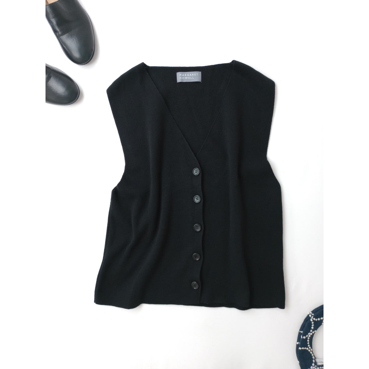 25SS MARGARET HOWELL マーガレットハウエル RIBBED COTTON CASHMERE コットン カシミヤ ニット ベスト トップス 黒 ブラック 2【中古】