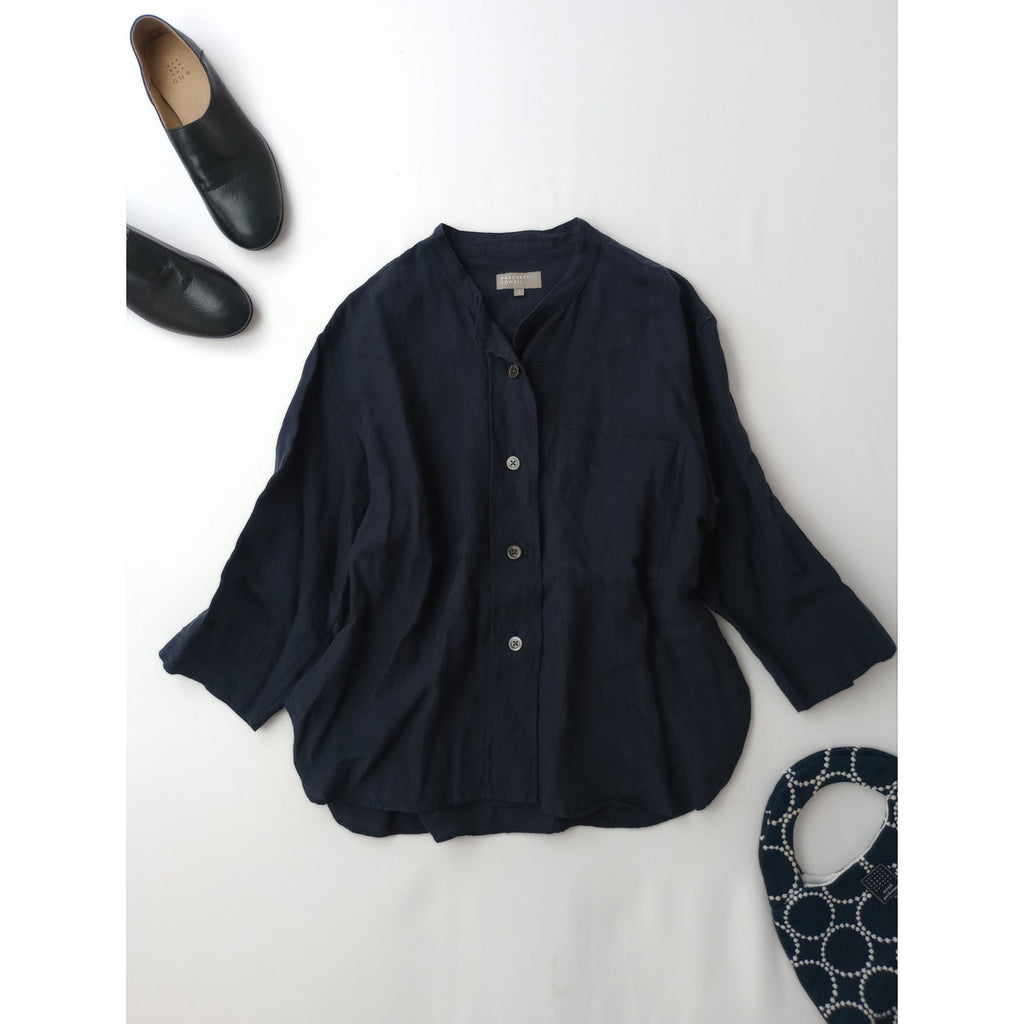 MARGARET HOWELL マーガレットハウエル PLAIN LINEN  バンドカラー  シャツ ブラウス トップス  リネン 麻 100％ 1 ネイビー【中古】