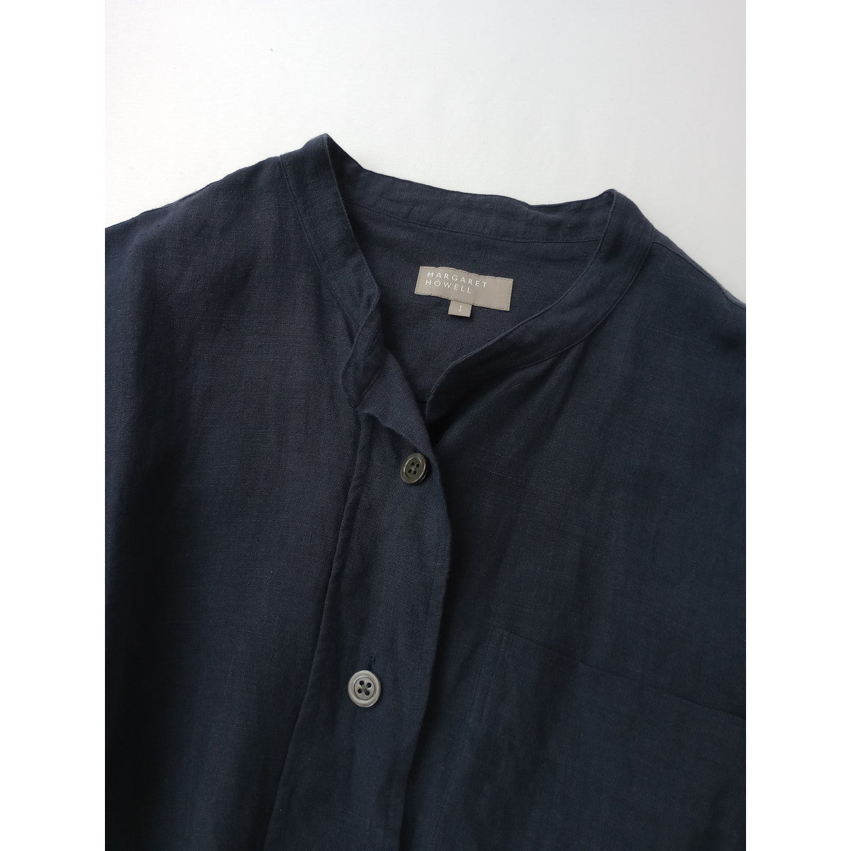 MARGARET HOWELL マーガレットハウエル PLAIN LINEN  バンドカラー  シャツ ブラウス トップス  リネン 麻 100％ 1 ネイビー【中古】