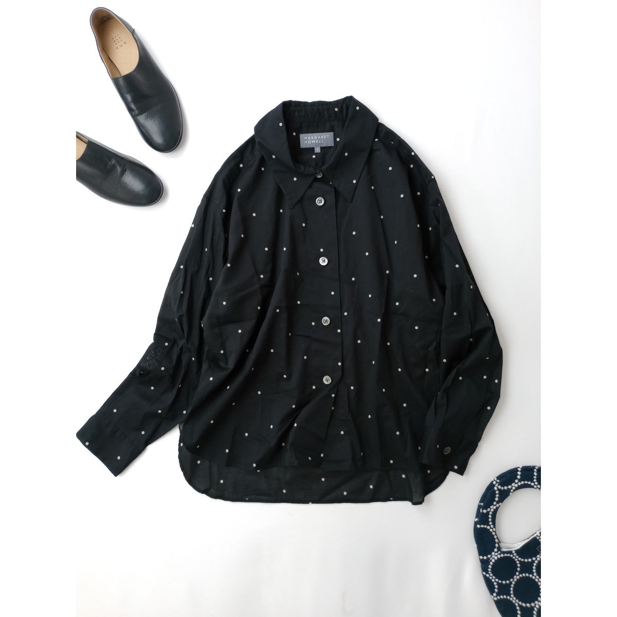 25SS  MARGARET HOWELL マーガレットハウエル COTTON POLKA DOT コットン 綿 100％ ポルカ ドット シャツブラウス 黒 ブラック 1【中古】
