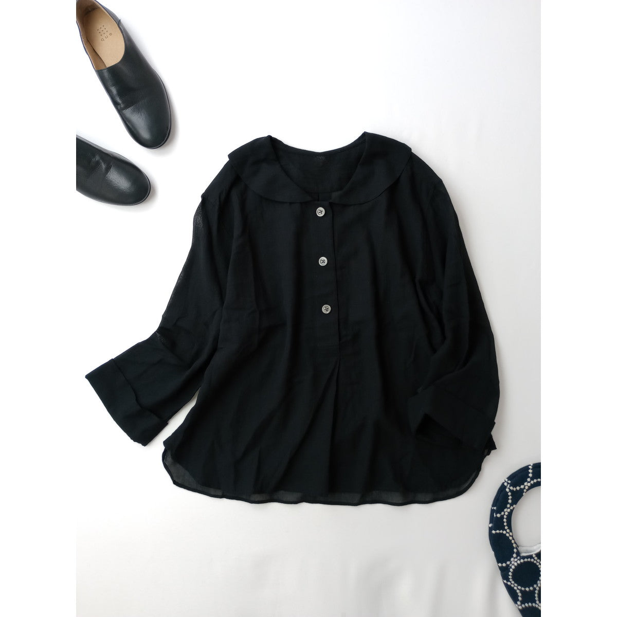 25SS  MARGARET HOWELL マーガレットハウエル COTTON SILK CHIFFON SHIRT コットン シルク シフォン シャツブラウス  黒 ブラック 【中古】