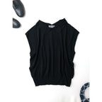 25SS MARGARET HOWELL マーガレットハウエル FINE COTTON LINEN KNITWEAR コットン リネン フレンチスリーブ 襟付き サマーニット トップス 黒 ブラック 2【中古】