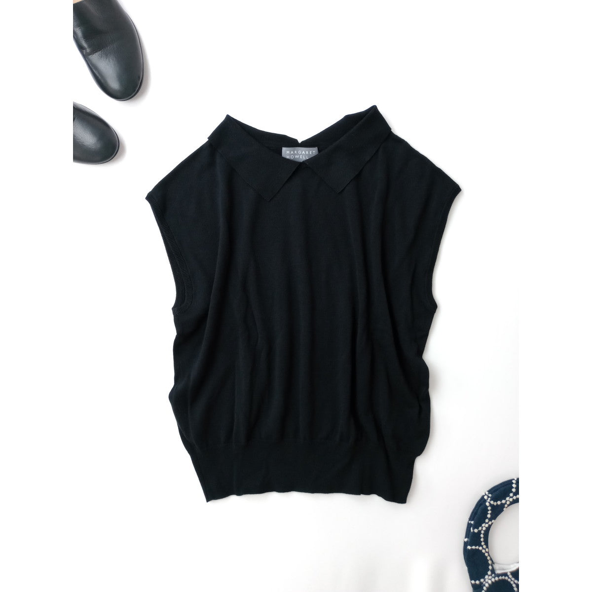 25SS MARGARET HOWELL マーガレットハウエル FINE COTTON LINEN KNITWEAR コットン リネン フレンチスリーブ 襟付き サマーニット トップス 黒 ブラック 2【中古】