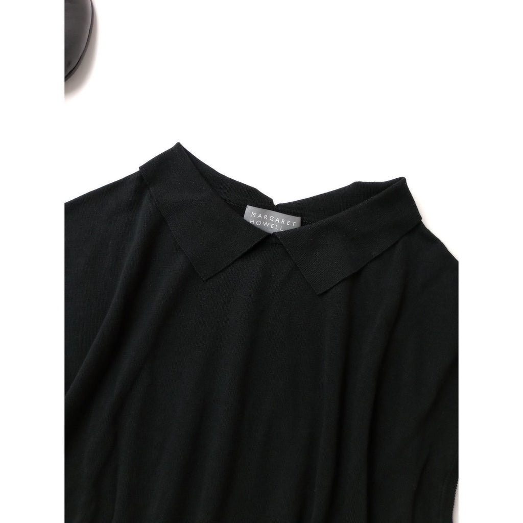 25SS MARGARET HOWELL マーガレットハウエル FINE COTTON LINEN KNITWEAR コットン リネン フレンチスリーブ 襟付き サマーニット トップス 黒 ブラック 2【中古】