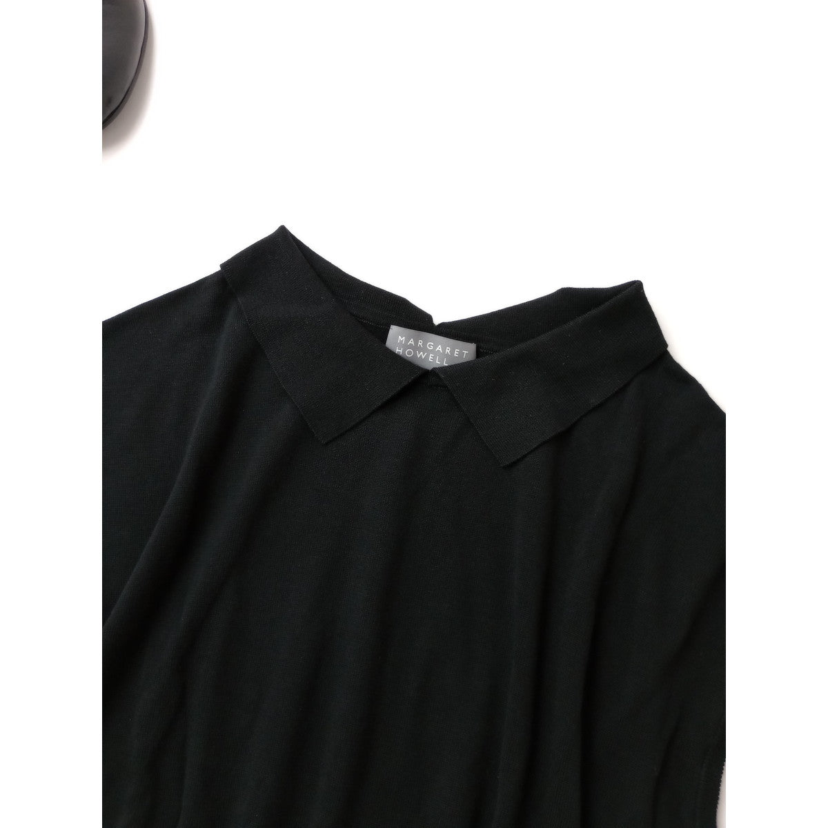 25SS MARGARET HOWELL マーガレットハウエル FINE COTTON LINEN KNITWEAR コットン リネン フレンチスリーブ 襟付き サマーニット トップス 黒 ブラック 2【中古】