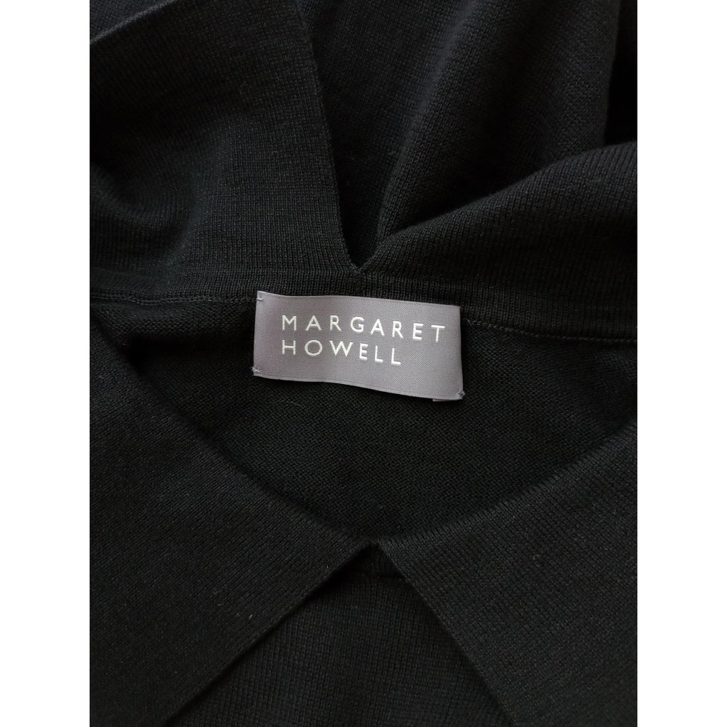 25SS MARGARET HOWELL マーガレットハウエル FINE COTTON LINEN KNITWEAR コットン リネン フレンチスリーブ 襟付き サマーニット トップス 黒 ブラック 2【中古】
