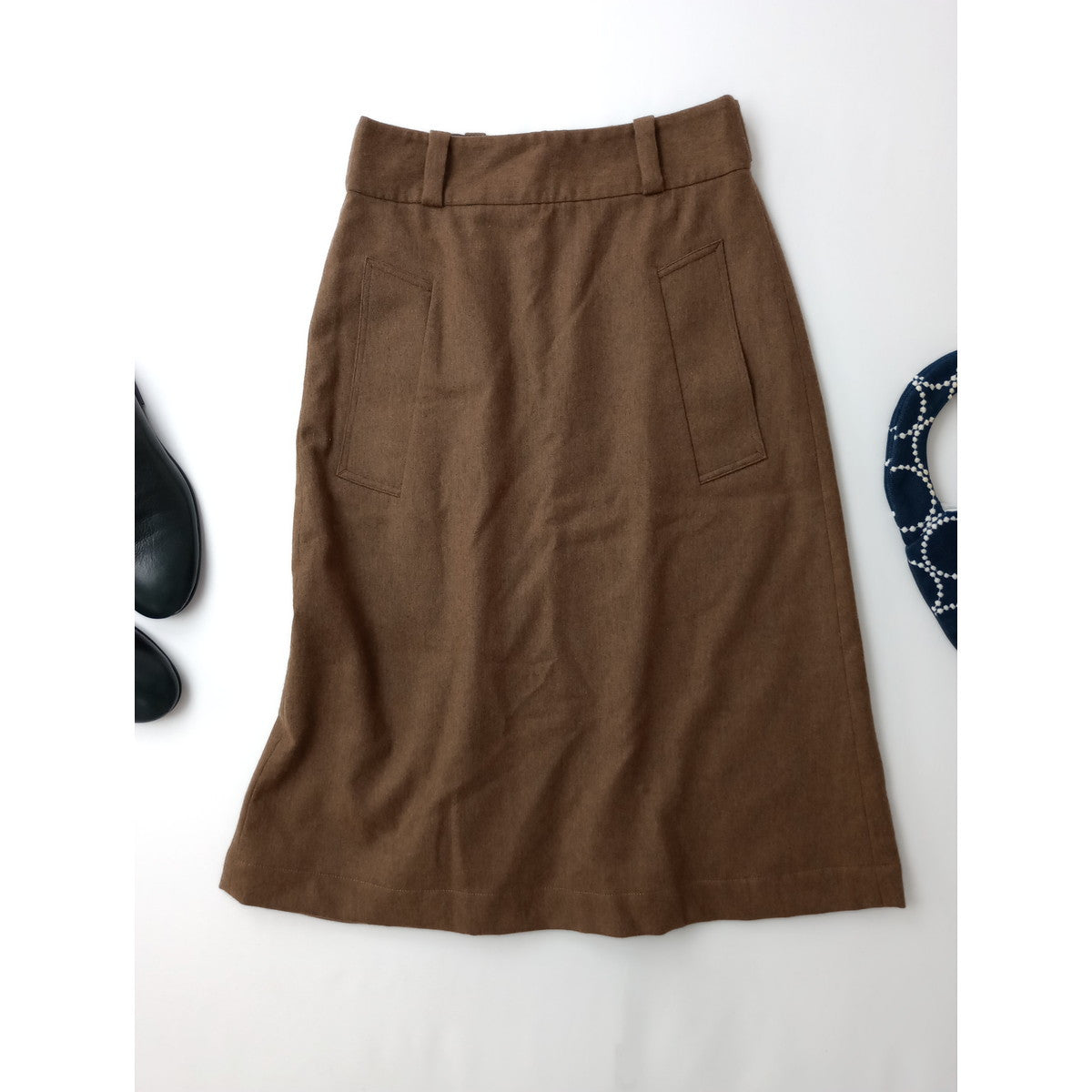 MARGARET HOWELL × FOX BROTHERS マーガレットハウエル FLANNEL SKIRT フランネル ウール 毛 100％ ロングスカート ブラウン 1 (13M＋1078)【中古】
