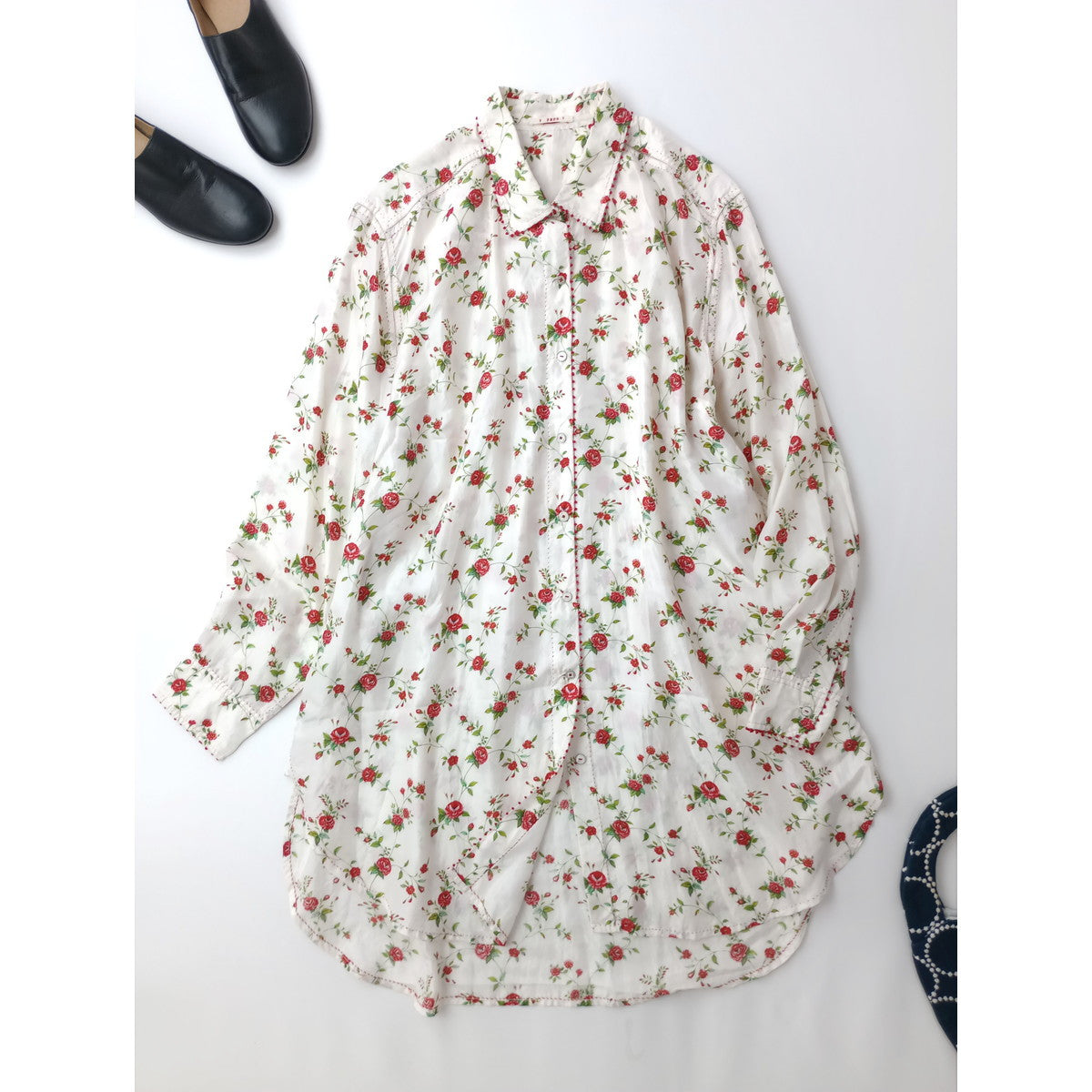 H.P.France アッシュ・ペー・フランス pero ペロ シルク 100％ 花柄 ロング シャツ ブラウス チュニック 赤 白 36  【中古】
