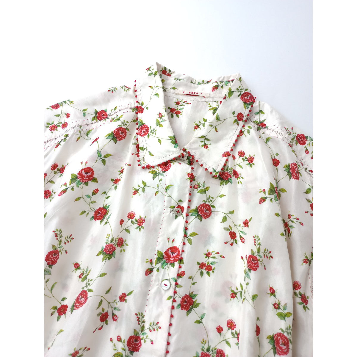 H.P.France アッシュ・ペー・フランス pero ペロ シルク 100％ 花柄 ロング シャツ ブラウス チュニック 赤 白 36  【中古】