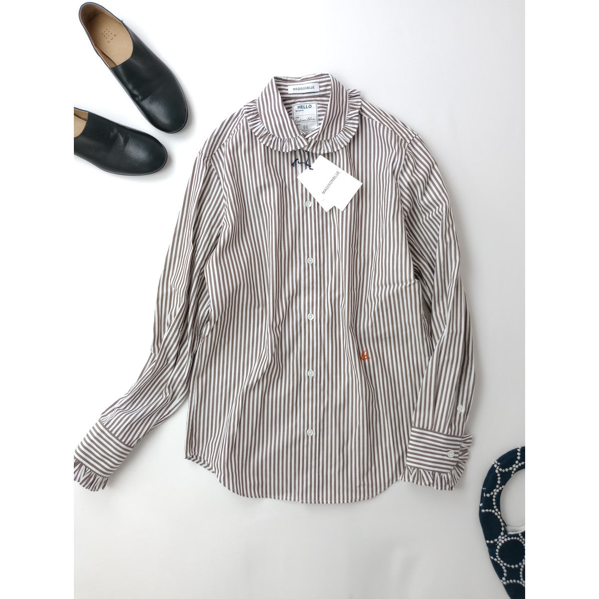 MADISONBLUE マディソンブルー  ROUND COLLAR FRILL SH B.STRIPE ラウンドカラー 長袖 シャツ ブラウス トップス ストライプ ブラウン 白 02 M 【中古】