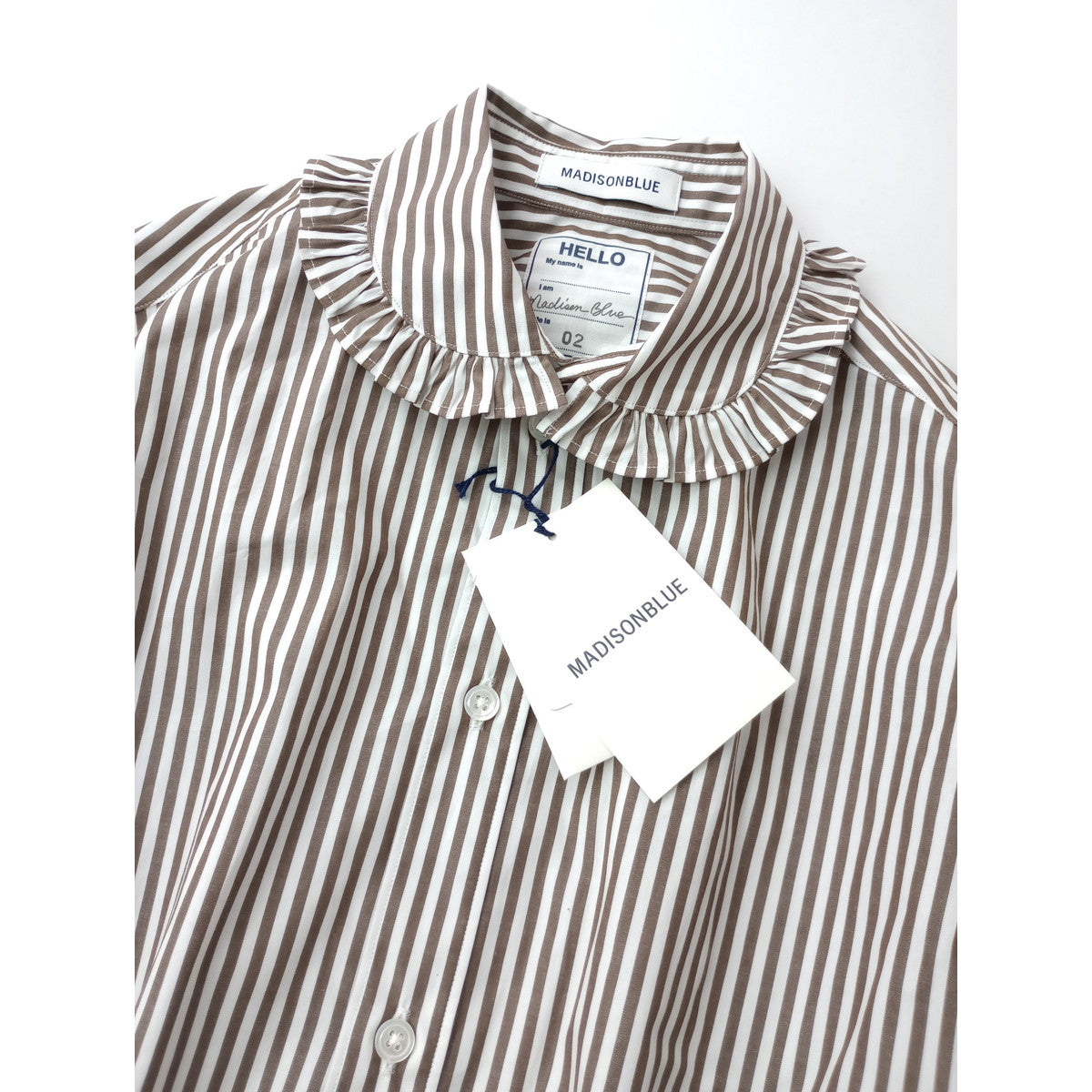 MADISONBLUE マディソンブルー  ROUND COLLAR FRILL SH B.STRIPE ラウンドカラー 長袖 シャツ ブラウス トップス ストライプ ブラウン 白 02 M 【中古】