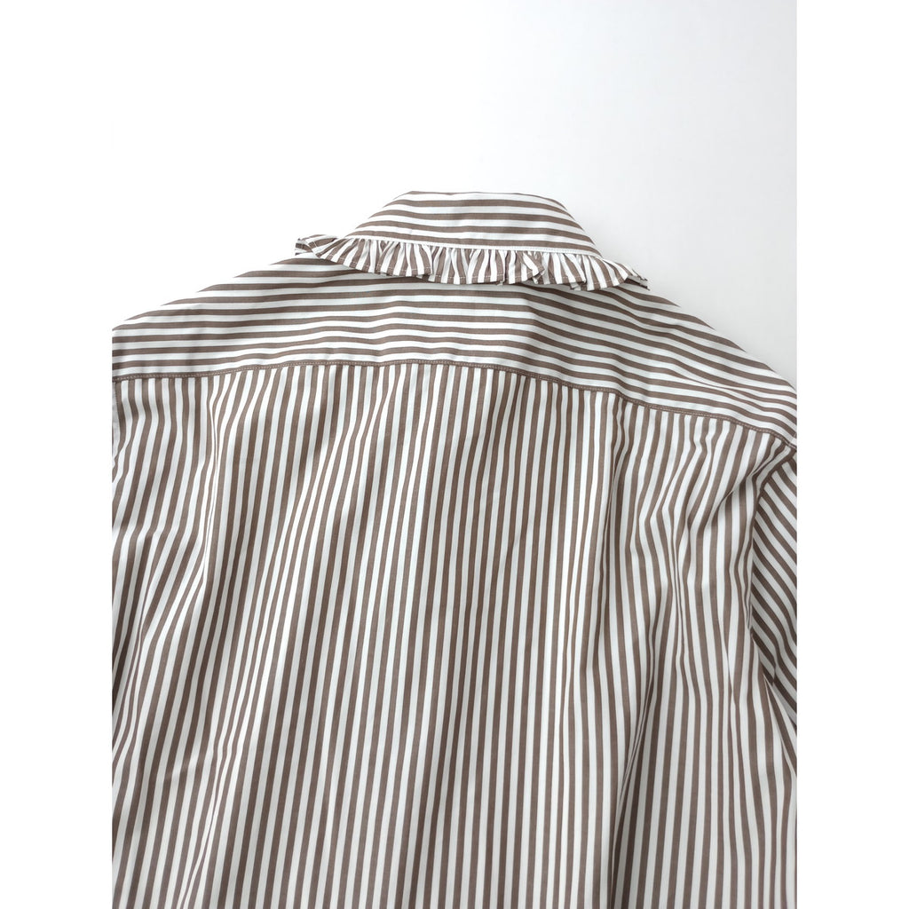 MADISONBLUE マディソンブルー  ROUND COLLAR FRILL SH B.STRIPE ラウンドカラー 長袖 シャツ ブラウス トップス ストライプ ブラウン 白 02 M 【中古】