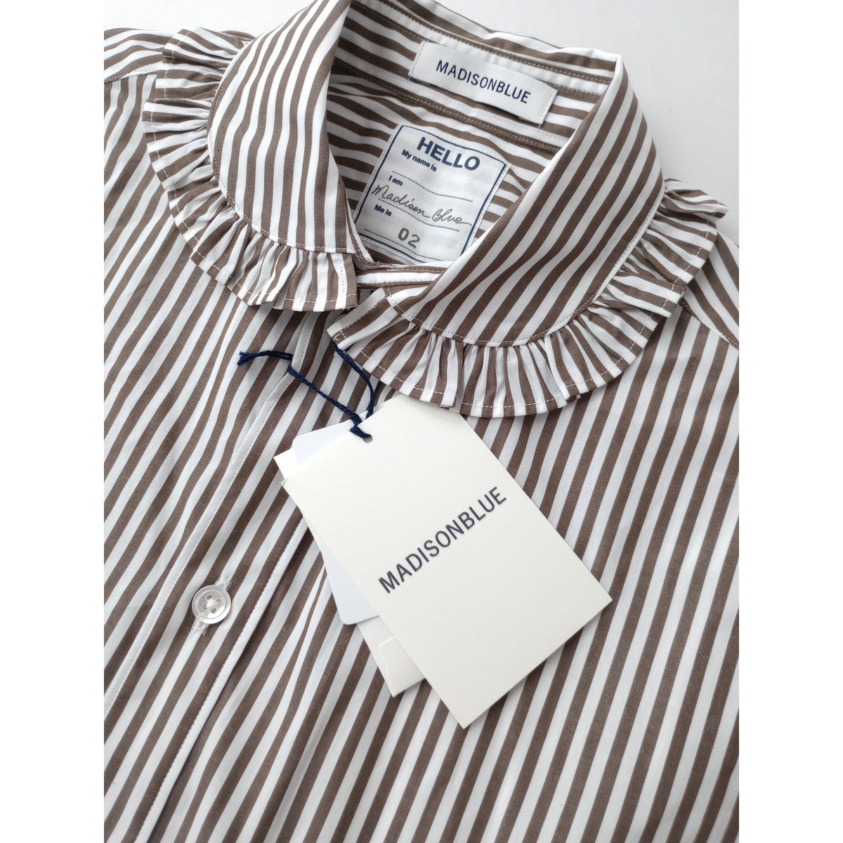 MADISONBLUE マディソンブルー  ROUND COLLAR FRILL SH B.STRIPE ラウンドカラー 長袖 シャツ ブラウス トップス ストライプ ブラウン 白 02 M 【中古】