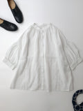 humoresque ユーモレスク gather short sleeve ギャザーショートスリーブ 半袖 ブラウス トップス ストライプ 白 F【中古】