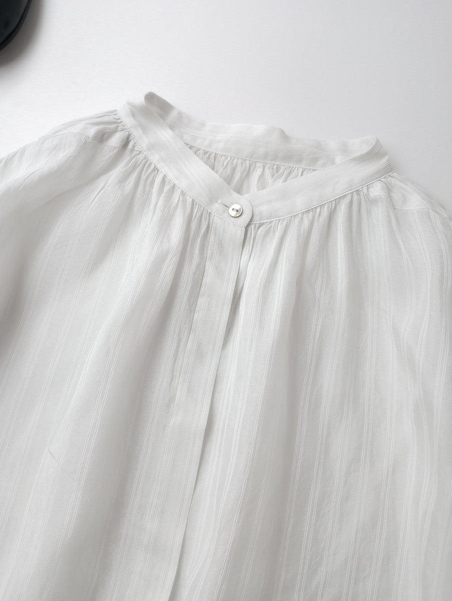 humoresque ユーモレスク gather short sleeve ギャザーショートスリーブ 半袖 ブラウス トップス ストライプ 白 F【中古】