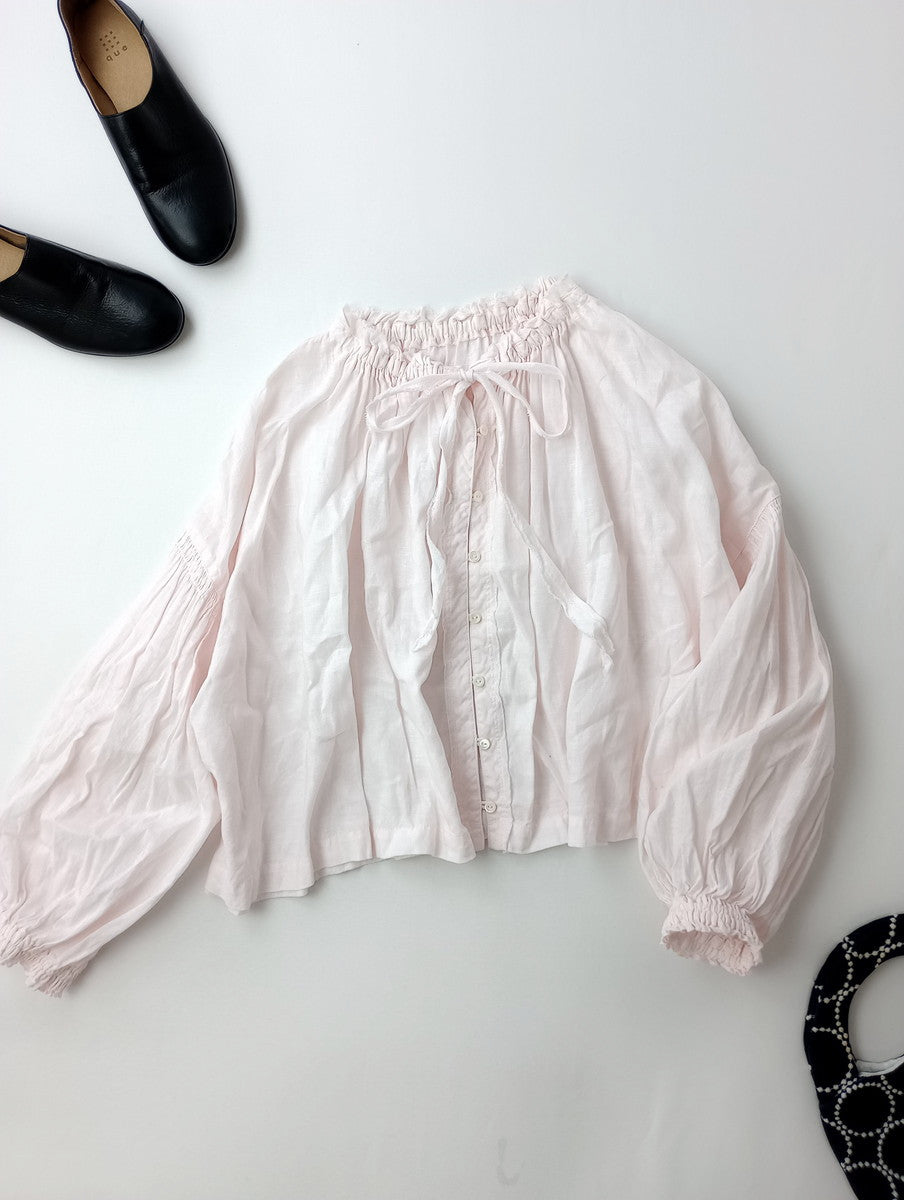 nest Robe ネストローブ UpcycleLino ribbon tie short blouse リボンド ブラウス 長袖 シャツ トップス  ピンク  【中古】